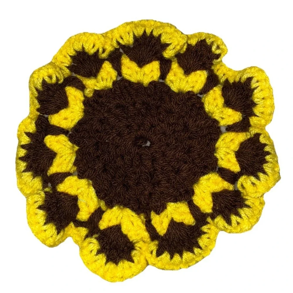Handmade Hot Pad Pot Holder Trivet Round Yellow Brown 7